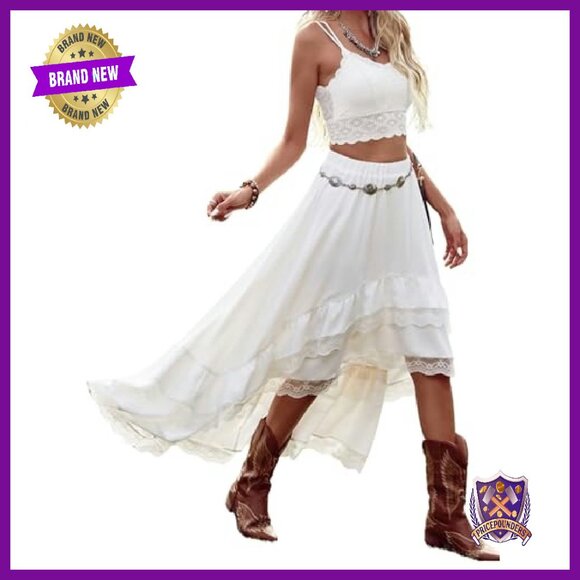Western Boho Lace Ruffle Asymmetrical Maxi Skirt Flowy Festival - Picture 2 of 8